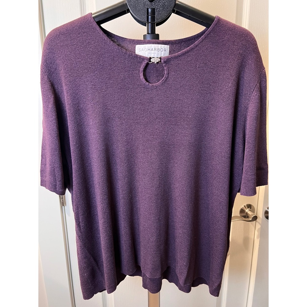 Purple Plum Knit Top Woman Rhinestone Keyhole Neck Quiet Luxury Elegant Holiday